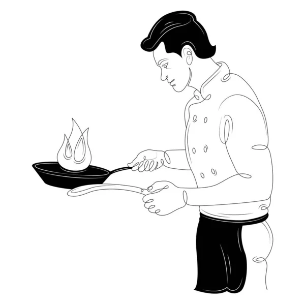 Chef cuisinier préparant un plat chaud dans une casserole . — Image vectorielle