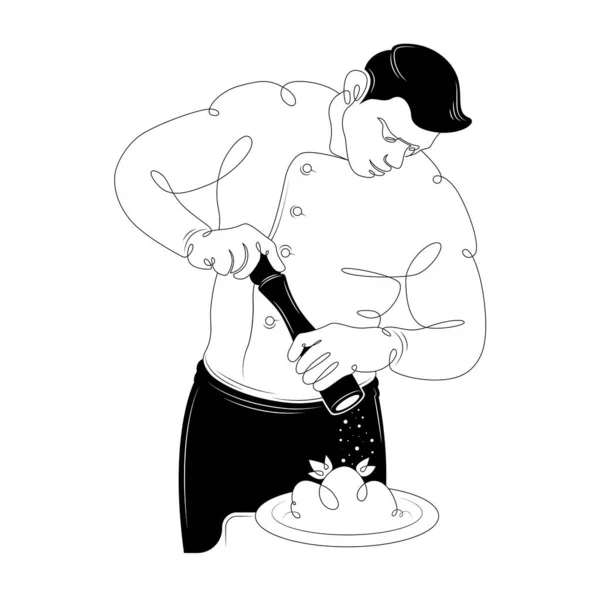 Un cuisinier dans un tablier noir. Moulin chef plat de poivre . — Image vectorielle