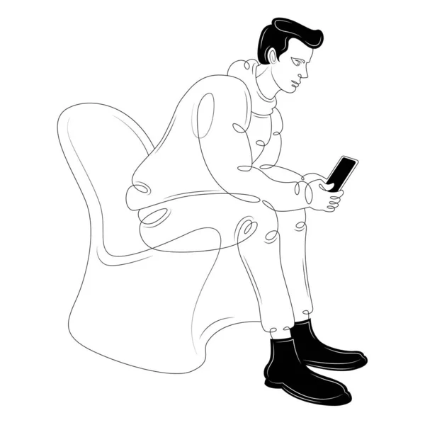 휴대폰을 들고 의자에 앉아 있는 갈색 머리 남자. — 스톡 벡터