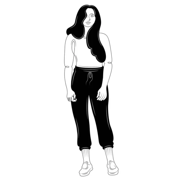 Bruneta dívka s dlouhými vlasy v módní černé kalhoty. — Stockový vektor