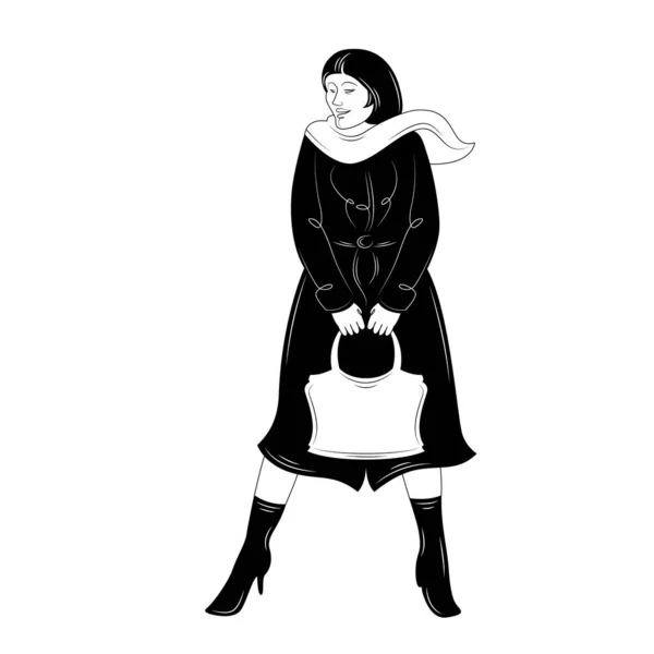 Женщина в шарфе, длинном черном пальто, с сумкой в руках . — стоковый вектор