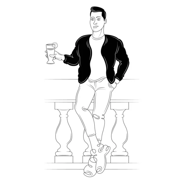 Young brunette man in a black jacket with a glass of cocktail. — 图库矢量图片