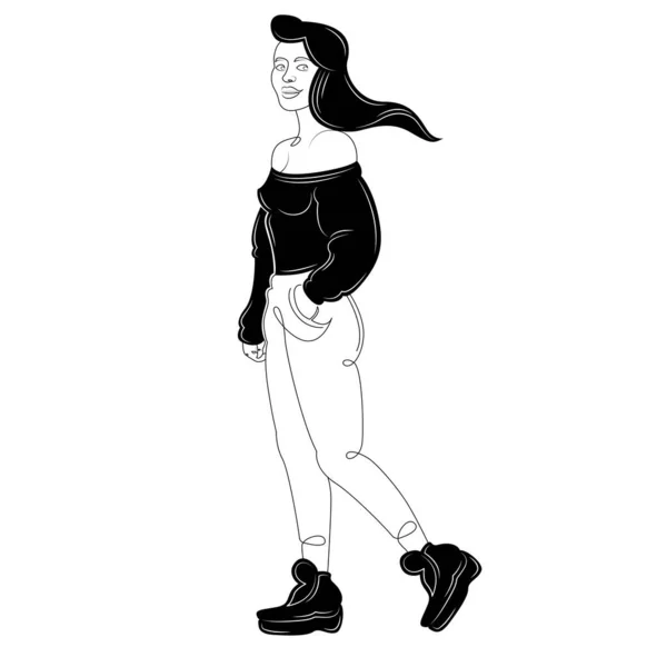 Brunetka dziewczyna w czarnym swetrze i czarne trampki. — Zdjęcie stockowe