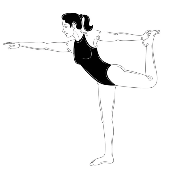 Menina morena com cabelos longos em um biquíni de esportes preto práticas de maiô fechado ioga . — Fotografia de Stock