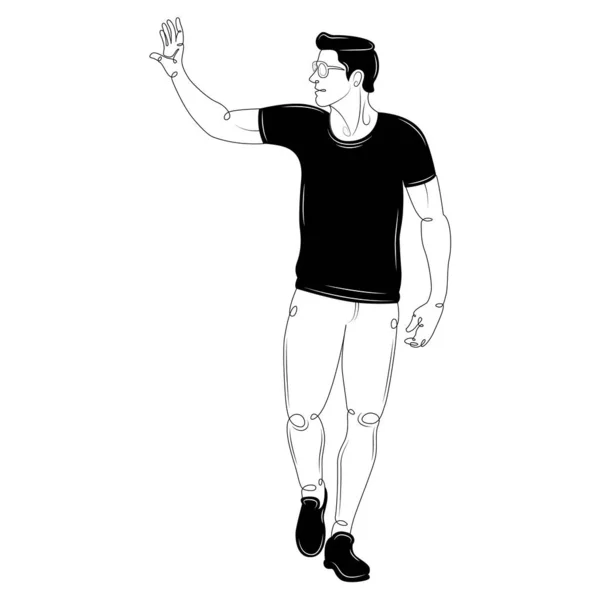 Молодой человек здоровается с поднятой рукой. Персонаж в очках и черная футболка . — стоковый вектор