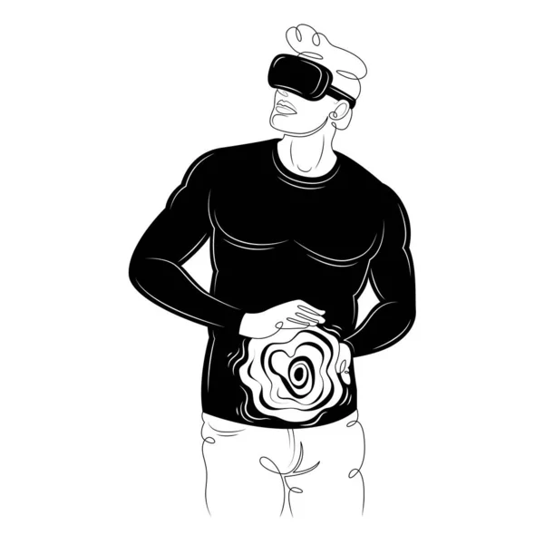 Um jovem brinca com óculos de realidade virtual. Personagem cria uma bola de fogo conjurando . —  Vetores de Stock