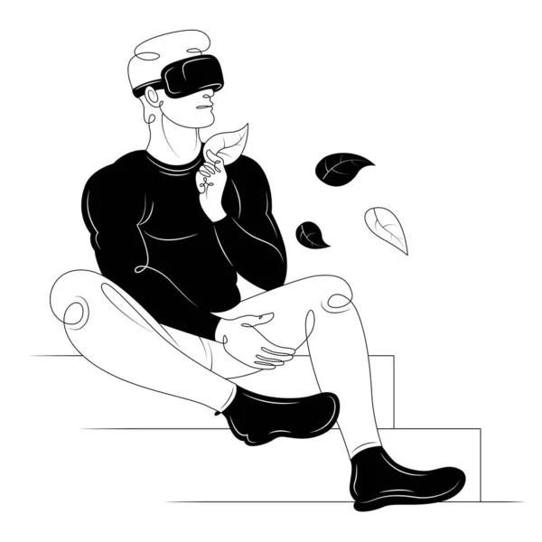 Giovane uomo si siede in occhiali realtà virtuale. Il personaggio è seduto sulle scale. Caduta delle foglie — Vettoriale Stock