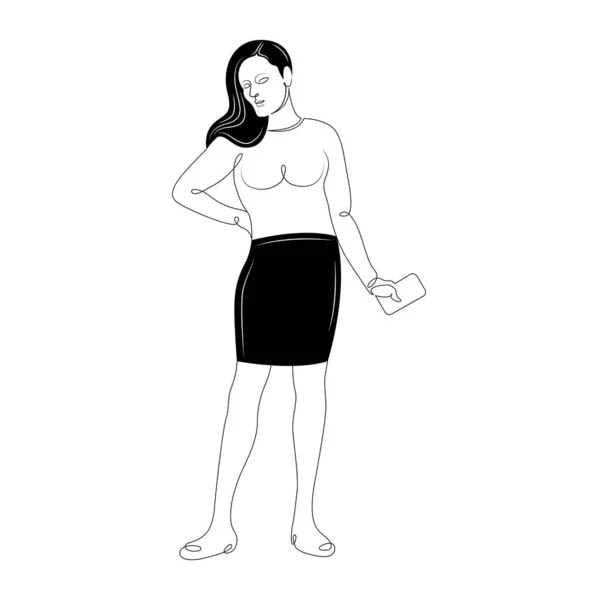 Brunetka dziewczyna w czarnej spódnicy z telefonem w ręce — Zdjęcie stockowe