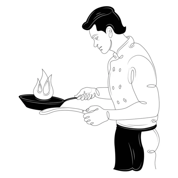 男厨师在锅里准备热菜. — 图库照片