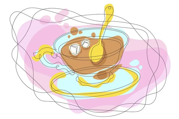 Горячий чай в фарфоровой позолоченной чашке, сахар, золотая ложка — стоковое фото