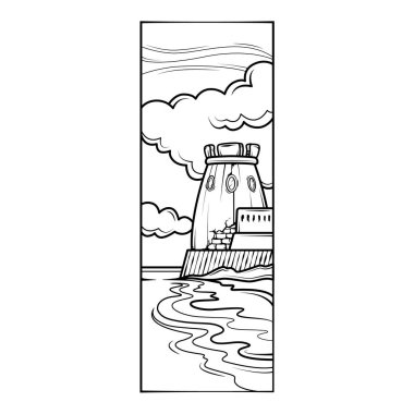 Deniz kıyısındaki kale kulesi, bulutların arka planına karşı. Taş kırma suyu.