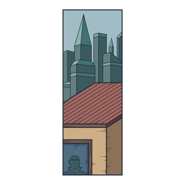 Город-пейзаж небоскребов. Крыша дома, мужской характер в окне . — стоковый вектор