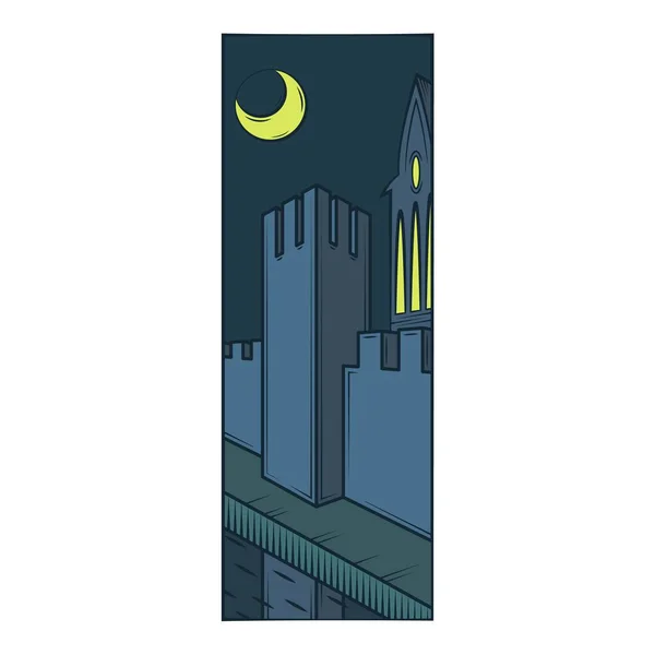 Torre de muralla de la fortaleza, foso protector, reflejo en el agua. Noche de luz de luna . — Vector de stock