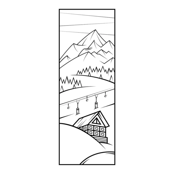 Skidanläggning, stuga, berg i snön. Skidlift. — Stock vektor