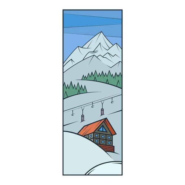 Station de ski, chalet, montagnes dans la neige. Téléski . — Image vectorielle