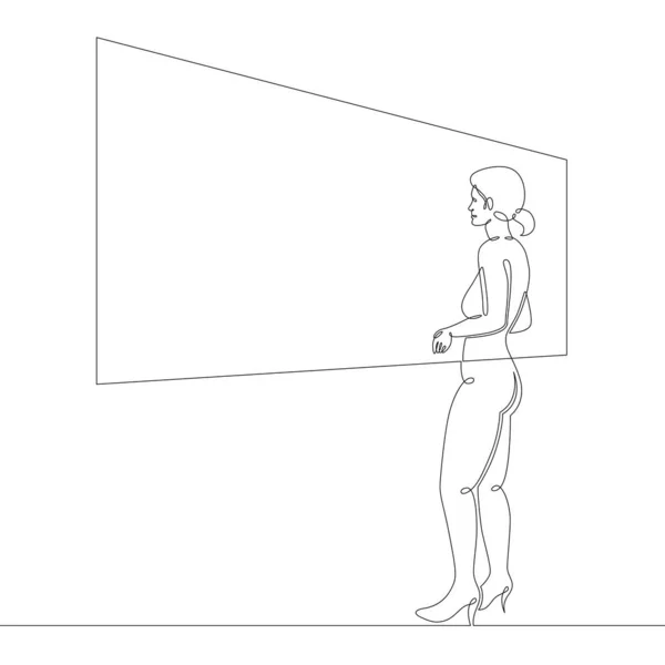 Дівчина на високих підборах стоїть перед великим екраном — стоковий вектор
