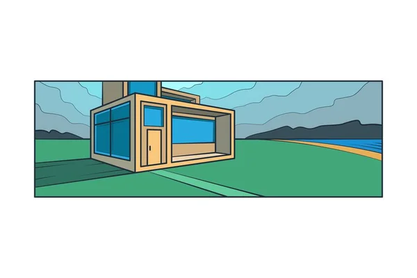 Modern vidéki ház, panorámás ablakokkal. Tájkép, rét, folyópart, tó. Erdő a láthatáron — Stock Fotó