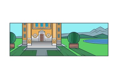 Sütunları olan eski Aristokrat Malikanesi. Manzara, çayır, nehir kıyısı, göl