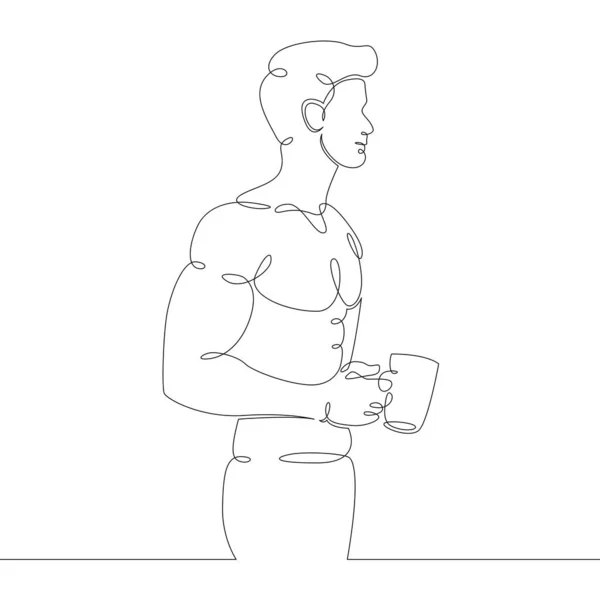Jeden ciągły rysunek młody człowiek pije gorącą kawę — Wektor stockowy