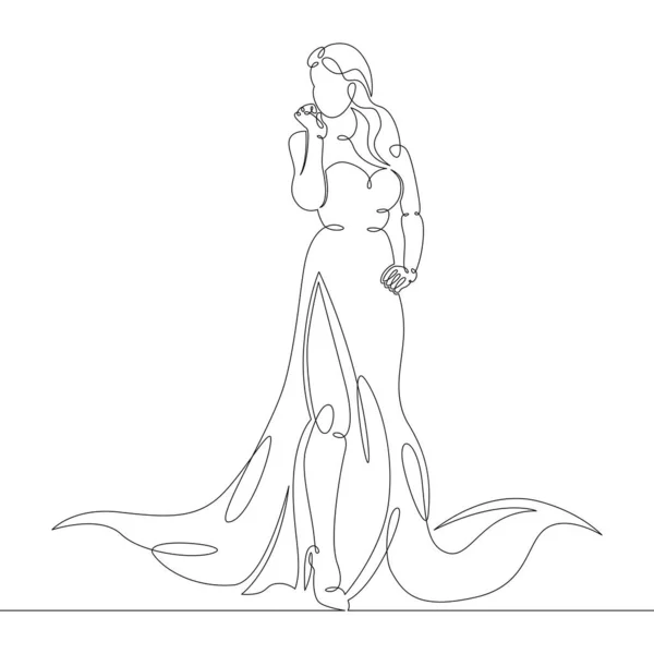 Ung kvinna med lyxigt hår i en lång klänning — Stock vektor
