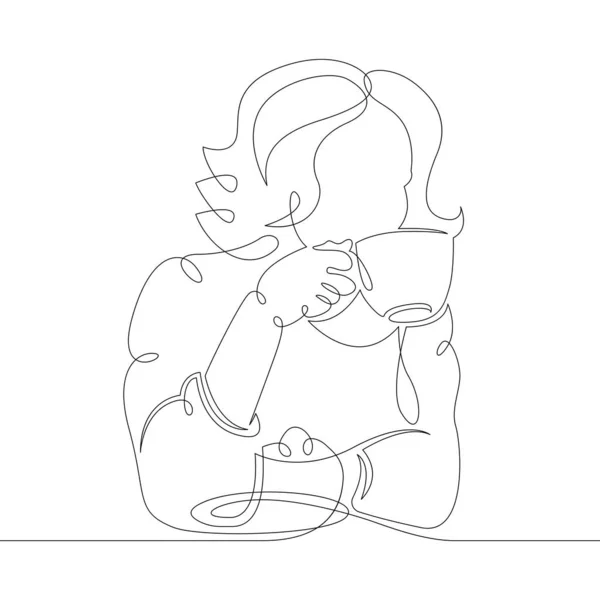 Девушка пьет кофе чай горячий напиток в кафе — стоковый вектор