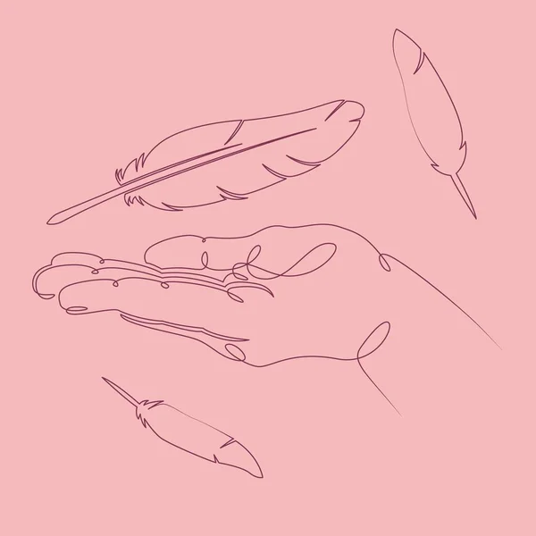 Main paume doigt tient plume d'oiseau, plumes envolées — Image vectorielle