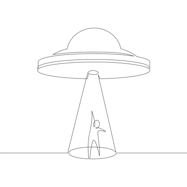 Gökyüzünde uçan UFO, bir adamın ışın siluetini çeker. — Stok Vektör