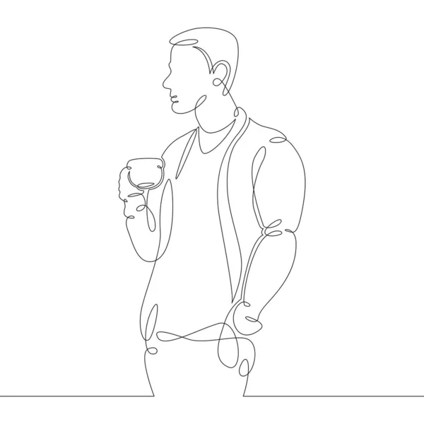 Une ligne de dessin continue Jeune homme boit du café chaud — Image vectorielle