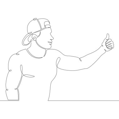 Beyzbol şapkalı genç adam baş parmağını gösteriyor.