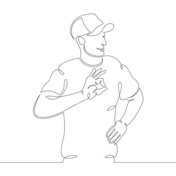 Joven en una gorra de béisbol con la mano muestra ok — Vector de stock