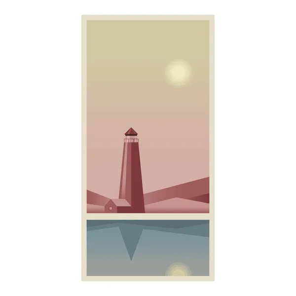 Phare au bord de la mer, reflet des montagnes dans l'eau, coucher et lever du soleil — Image vectorielle