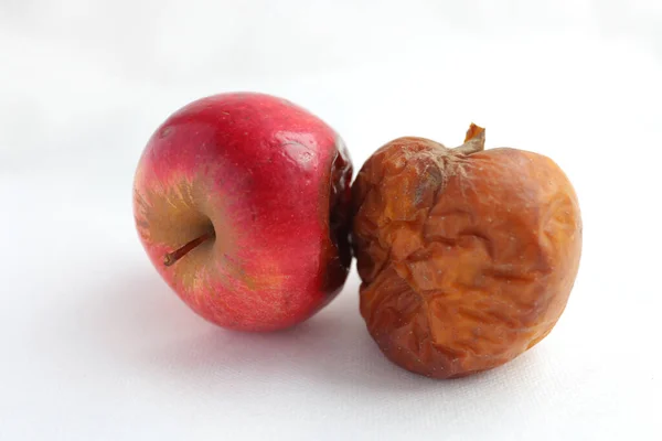 Dos manzanas podridas aisladas sobre un fondo blanco. concepto — Foto de Stock