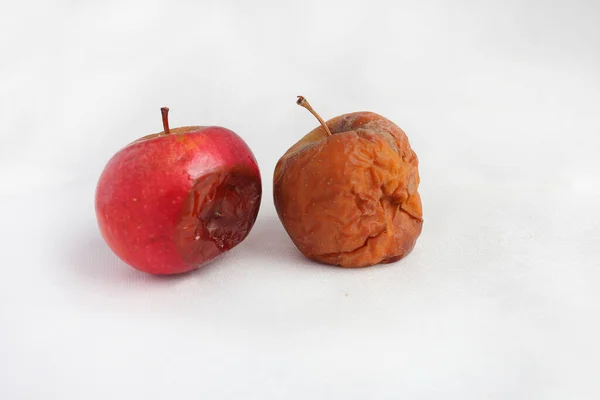 Dos manzanas podridas aisladas sobre un fondo blanco. concepto — Foto de Stock