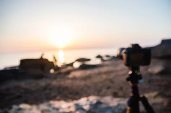 Rozostření Fotografie Fotoaparátu Stativ Přípravy Fotografii Krajiny — Stock fotografie