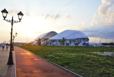 Sochi Russia, July 11, 2015. Fisht Olympic stadium was built primarily for the 2014 Winter Olympics and Paralympics clipart
