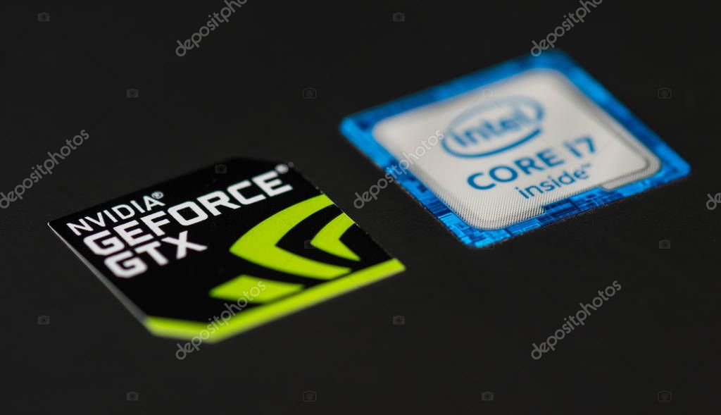 MOSCOW, RUSSIA - April 12, 2018. Logos of the most famous manufacturers of computer equipment on the laptop - NVIDIA and INTEL