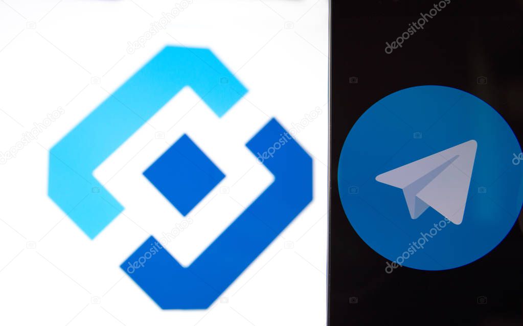 MOSCOW, RUSSIA, April 17, 2018. The application icon of the Telegram messenger and the Roskomnadzor emblem. Roskomnadzor blocked the Telegram service