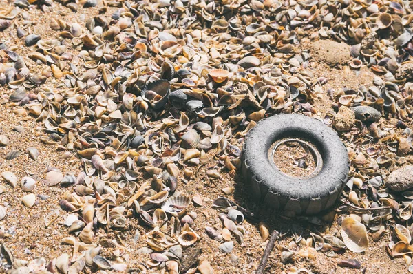 Plastic wheel from a toy on seashore in the sand — Stock Photo, Image
