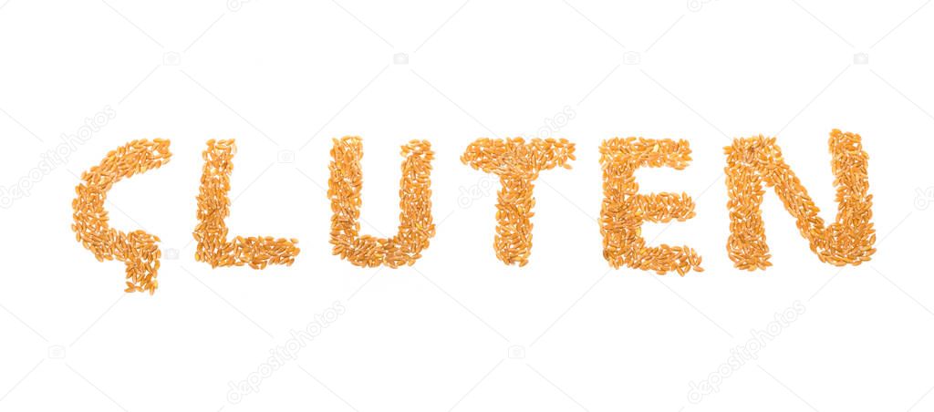 Gluten inscription from wheat grains on a white background