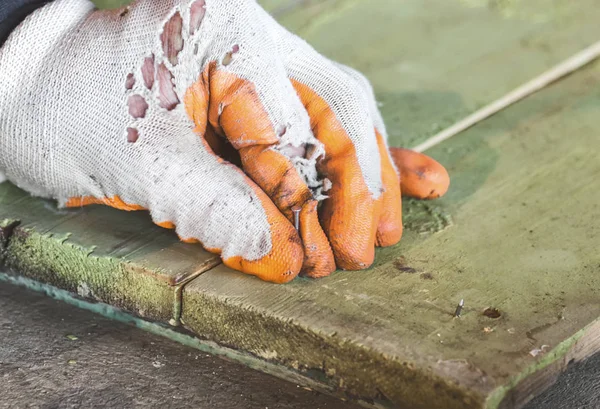 Worker in gloves holding and clogging a nail in a wooden board