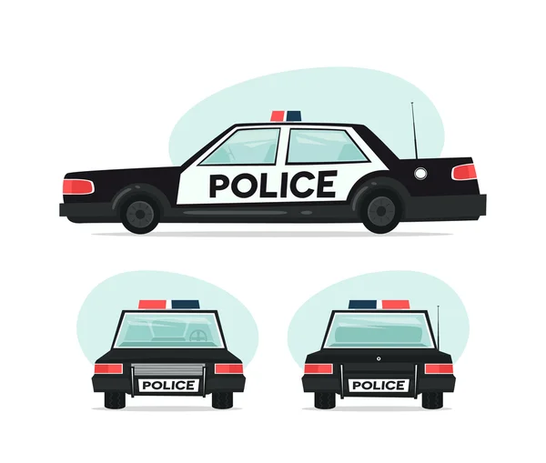 Conjunto de dibujos animados coche de policía. Objetos aislados sobre fondo blanco en estilo plano de dibujos animados. Ilustración vectorial . — Vector de stock