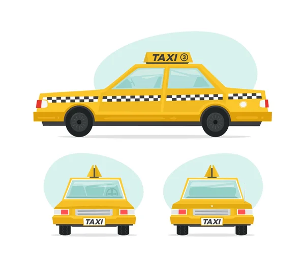 Set von Cartoon gelben Taxiwagen. isolierte Objekte auf weißem Hintergrund im flachen Cartoon-Stil. Vektorillustration. — Stockvektor