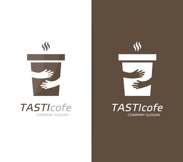 Vector coffee cup and hands logo combination. Cafe and embrace symbol or icon. Unique restaurant and coffeehouse logotype design template. — Stock Vector