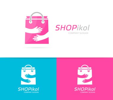 Vektör paketi ve eller logo bileşimi. Mağazalar ve simge veya simge kucaklamak. Benzersiz satın almak ve satış logo tasarım şablonu.