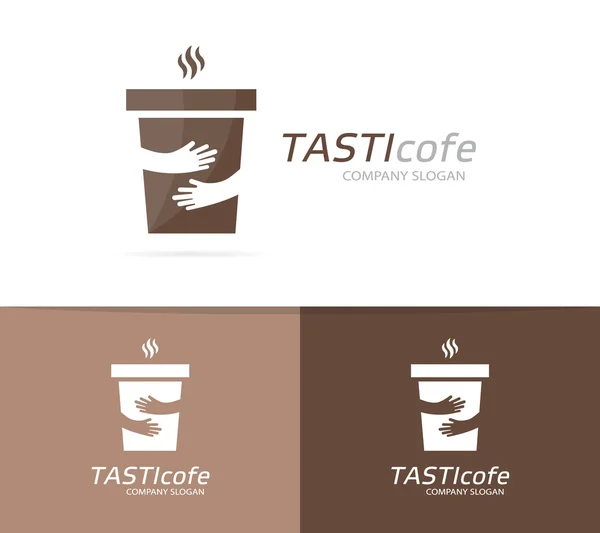 Vector coffee cup and hands logo combination. Cafe and embrace symbol or icon. Unique restaurant and coffeehouse logotype design template. — Stock Vector