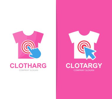 Gömlek vektör ve logo bileşimini tıklatın. Aşınma ve imleç simge veya simge. Benzersiz satış ve yazdırma logo tasarım şablonu.