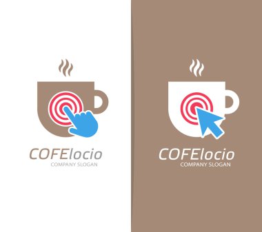 Kahve fincanı vektör ve logo bileşimini tıklatın. Cafe ve imleç simge veya simge. Benzersiz restoran ve kahvehane logo tasarım şablonu.