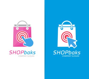 Paket vektör ve logo bileşimini tıklatın. Dükkanı ve imleç simge veya simge. Benzersiz satın almak ve satış logo tasarım şablonu.