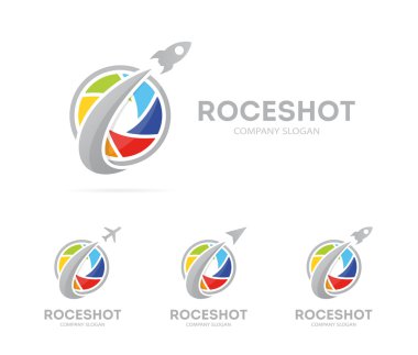 Vektör roket ve kamera Deklanşör logo birleşimi. Uçak ve fotoğraf simge veya simge. Benzersiz fotoğraf ve objektif logo tasarım şablonu.