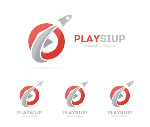 Vektor von Rakete und Play-Taste Logo Kombination. Flugzeug und Rekordsymbol oder -symbol. einzigartige Design-Vorlage für Audio- und Video-Logos. — Stockvektor